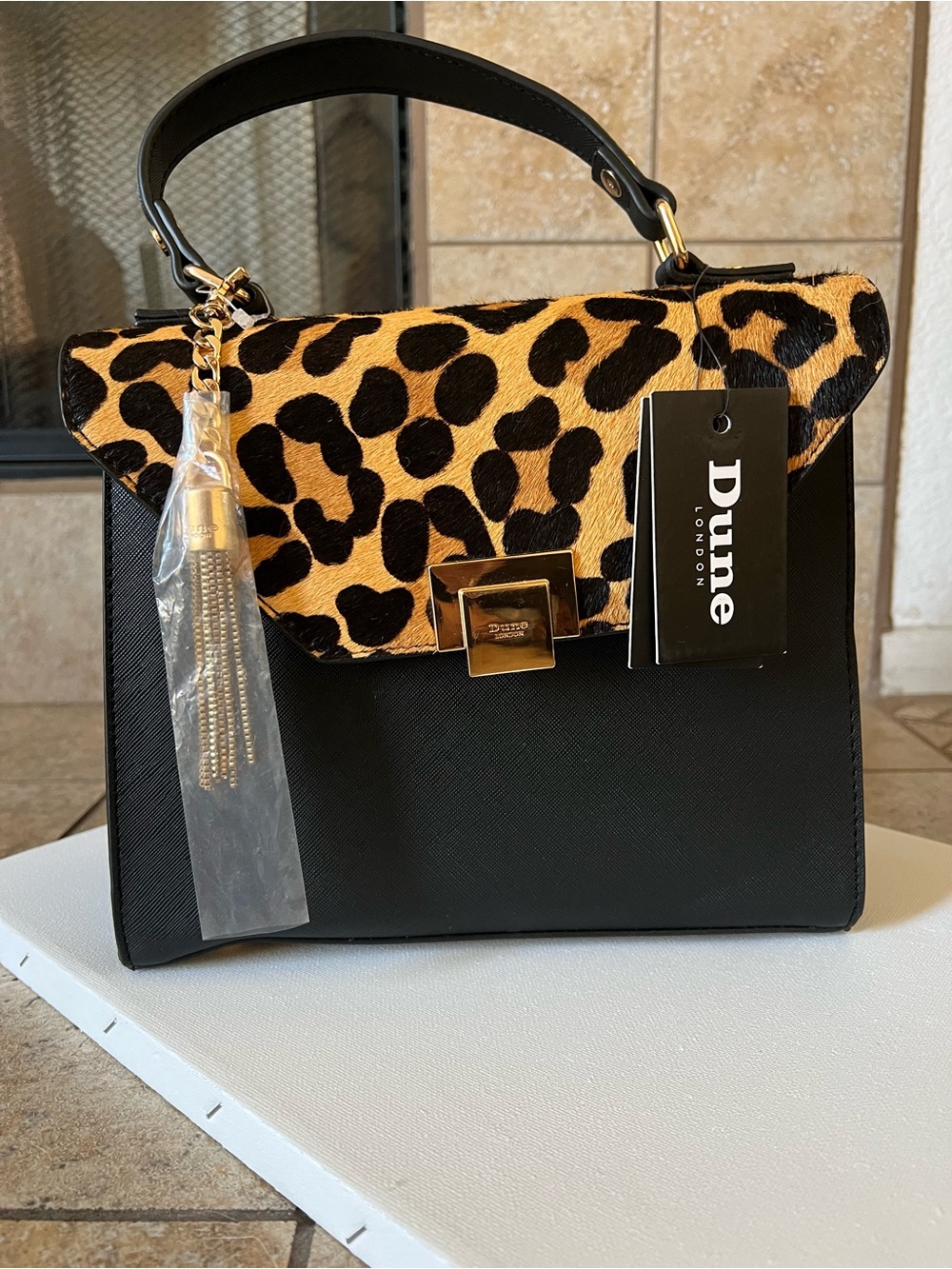 Dune London Black Satchel with Leopard Print Flap Genuine Calf Hair Leather